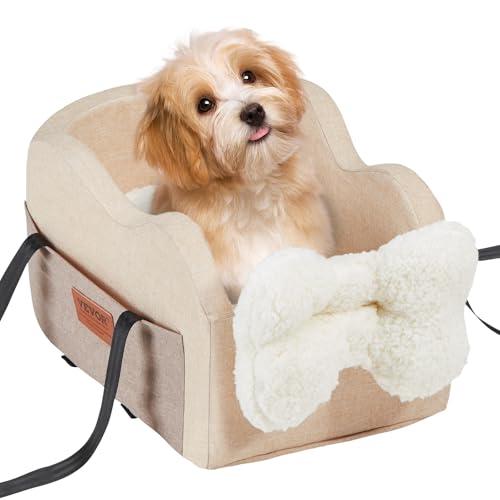 VEVOR Console Dog Car Seat, Center Console Dog Booster Seat for Small Dogs, Pet Bed for Car Armrest with Clip-On Leash, Adjustable Straps, Supports up to 8lbs, Light Brown