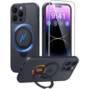 FNTCASE for iPhone 14 Pro-Max Case: [360 Spin Magnetic Stand] [Compatible with Magsafe] [Screen Protector] Translucent Matte Military Grade Shockproof Full Camera Protective Phone Cover - Black