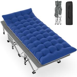 Slendor Folding Camping Cot with Mattress for Adults,74L x 28W x 15H, Portable Sleeping Cot Bed for Tent, Office, Camping, Outdoor, Striated Gray Cot,Gray+Blue Pad,500lbs Load (Denim)