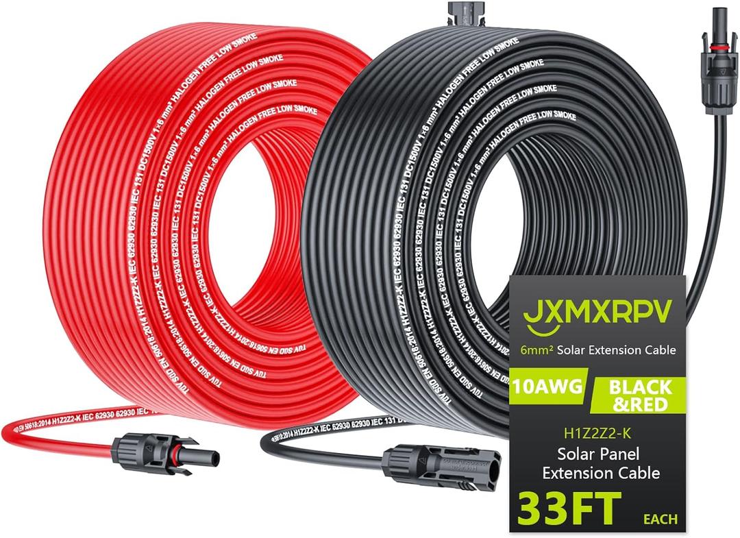Solar Extension Cable 33Ft 10AWG, Solar Wire with Tool-Free Solar Connectors, Waterproof Solar Panel Extension Cable 6mm, PV Cable 10Gauge for Home Boat RV Solar Panels(33ft)