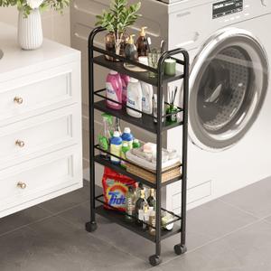 Black Slim Storage Cart, 4 Tier Rolling Utility Cart on Wheels, Slim Bathroom Storage for Small Spaces in Kitchen, Dining Room, Bathroom, Laundry Room, Black (15.6"D x 5.9"W x 33.6"H)