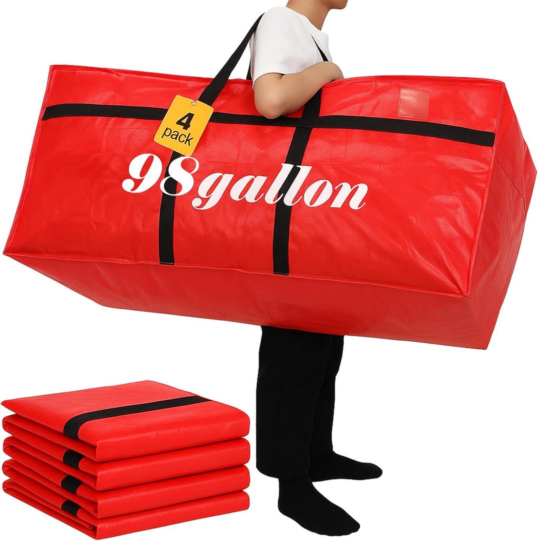 Windyun 4 Pack 98 Gallon Extra Large Moving Bags XXL Heavy Duty Storage Bag with Strong Zipper Handle Jumbo Big Tote Box Foldable for College Dorm Travel Clothes Duffle Blanket Pillow(Red)