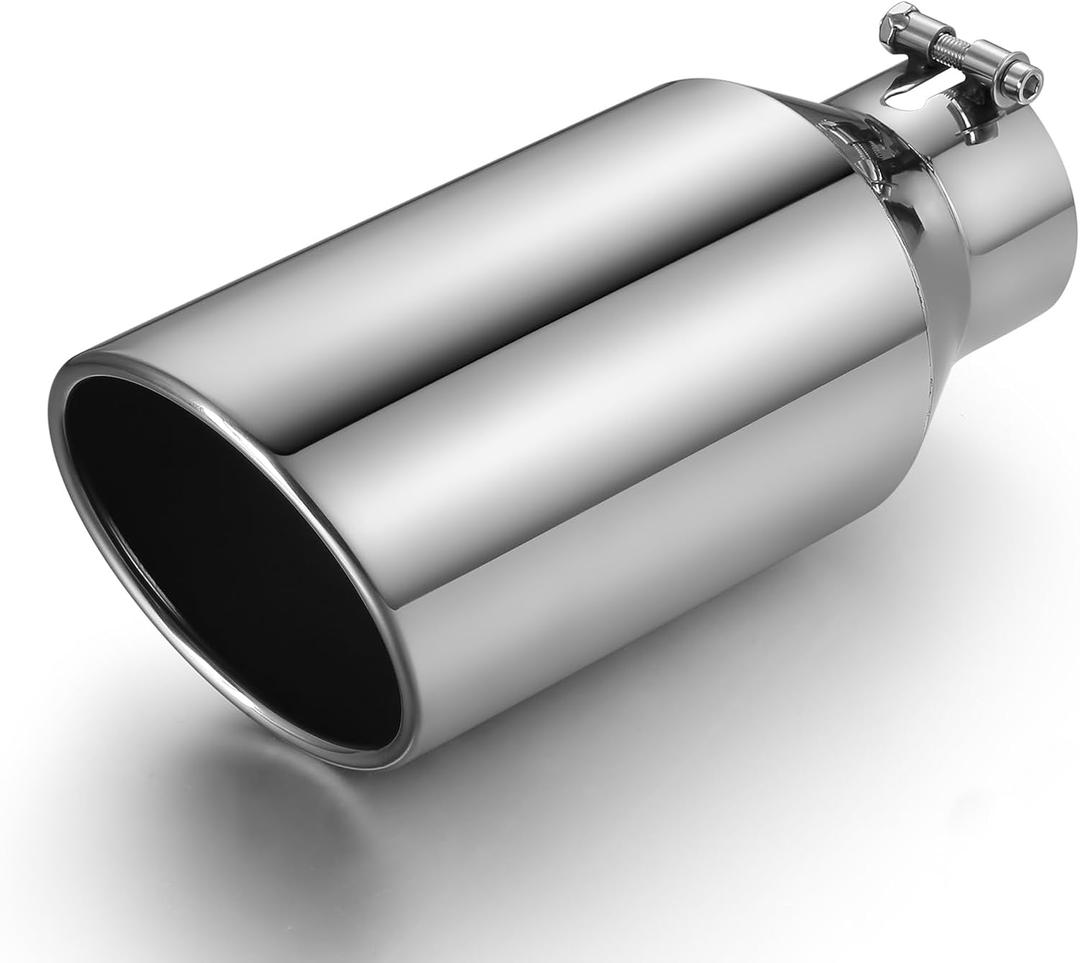 Exhaust Tip 3" Inlet 5" Outlet 12" Long, High Performance Stainless Steel, Rustproof Polished Finish, Rolled Angle Cut, Bolt-On Diesel Tail Pipe, Universal for Car Truck