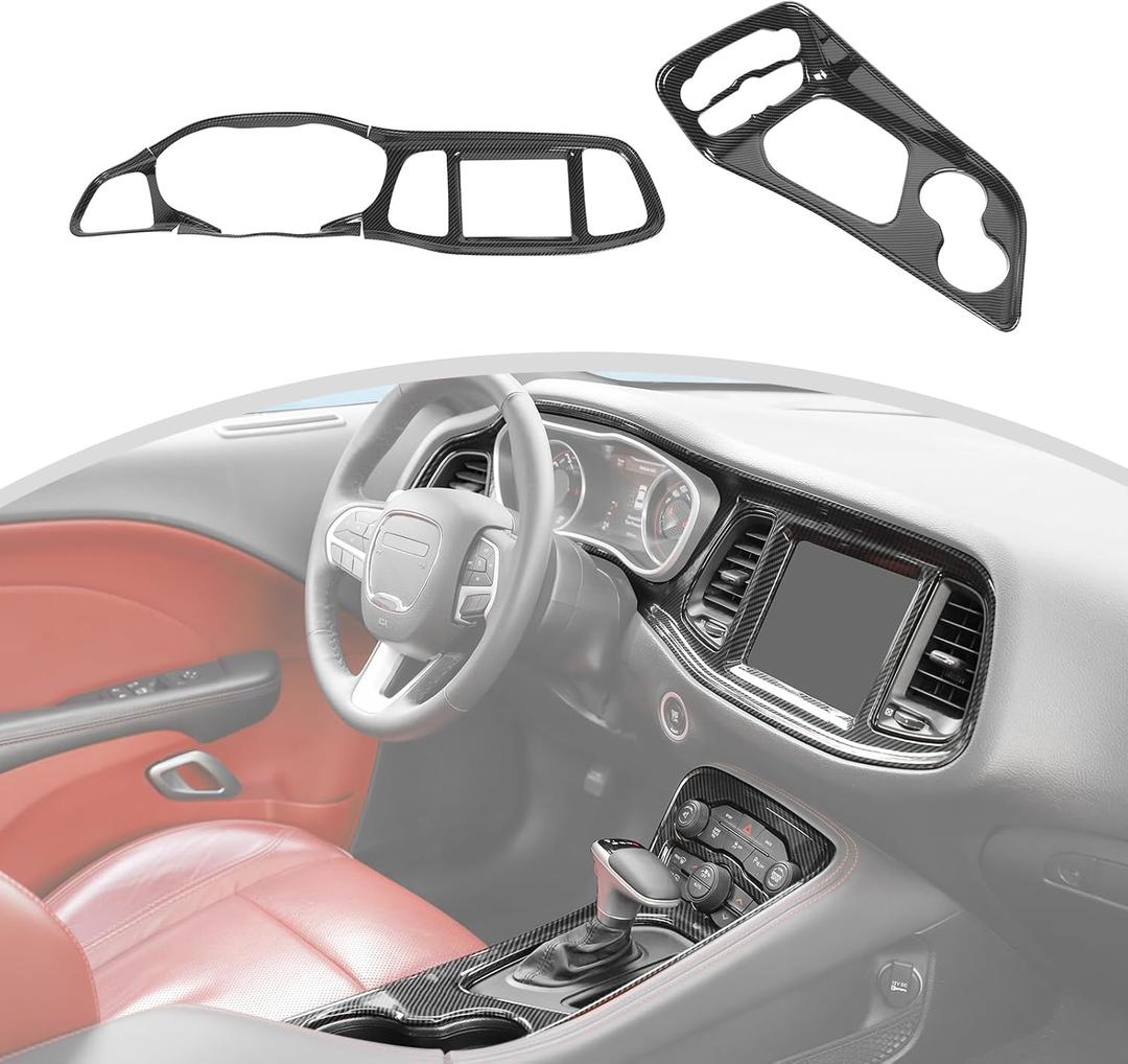 CheroCar Center Console Dashboard Cover & Gear Shift Decorative Panel Protective Cover Interior Accessories for 2015-2024 Dodge Challenger(Carbon Fiber Grain)