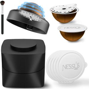 NESSUS Refill Kit for Reusable Nespresso Vertuo Pods, Lid Easy Remover for Original Seal, 100PCS Aluminum Foil Lids, Tamp & Press Refillable Vertuo Capsules Holder and Brush