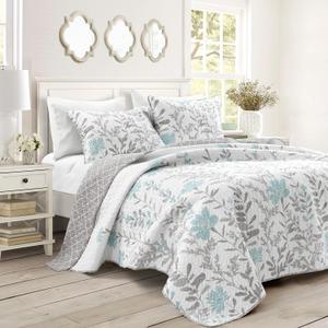 Lush Decor Aprile Reversible Floral Quilt Queen Size 3 Piece Set Full/Queen, Blue & Gray - Bedding Set - Floral Quilt - Cottage Bedroom Dcor