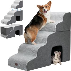 Dog Stairs for High Beds with Tunnel, 5-Step Dog Steps for Small Dogs and Cats, Foldable Pet Stairs for High Bed Climbing, Non-Slip Balanced Pet Step Indoor, Light Grey