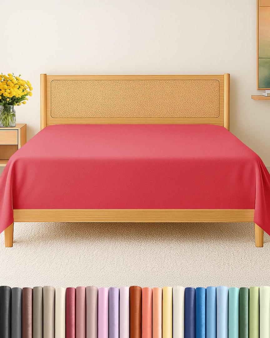 King Size Flat Sheet - Hotel Quality Top Flat Bed Sheet Only - Ultra-Soft, Comfy, Breathable & Cooling - Fade & Wrinkle Free - Easy-Care, Stain & Shrink Resistant Bedding - Easy-Fit & Oeko-Tex - Red