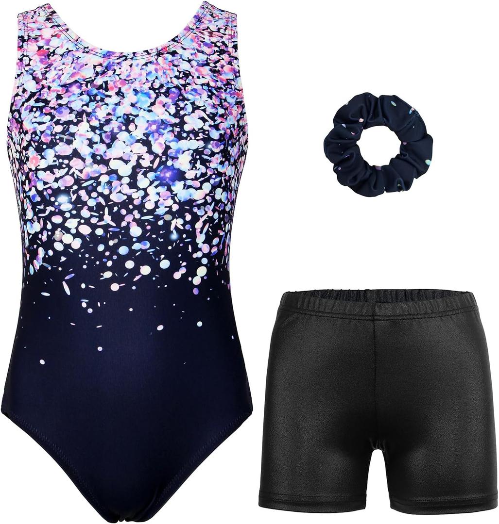 MODAFANS Gymnastics Leotards for Girls Sparkly Dance Unitards Biketards Black Activewear for Girls 2XL 12-13Y(Colorful Glitters Set)