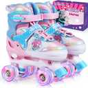 Roller Skates,4 Size Adjustable Roller Skates Kids,Light-Up Wheels and Adorable Cartoon Designs, Multiple Layers of Protection for Girls and Boys,Suitable Indoor Outdoor (Small-Little Kid, Blue & Pink)