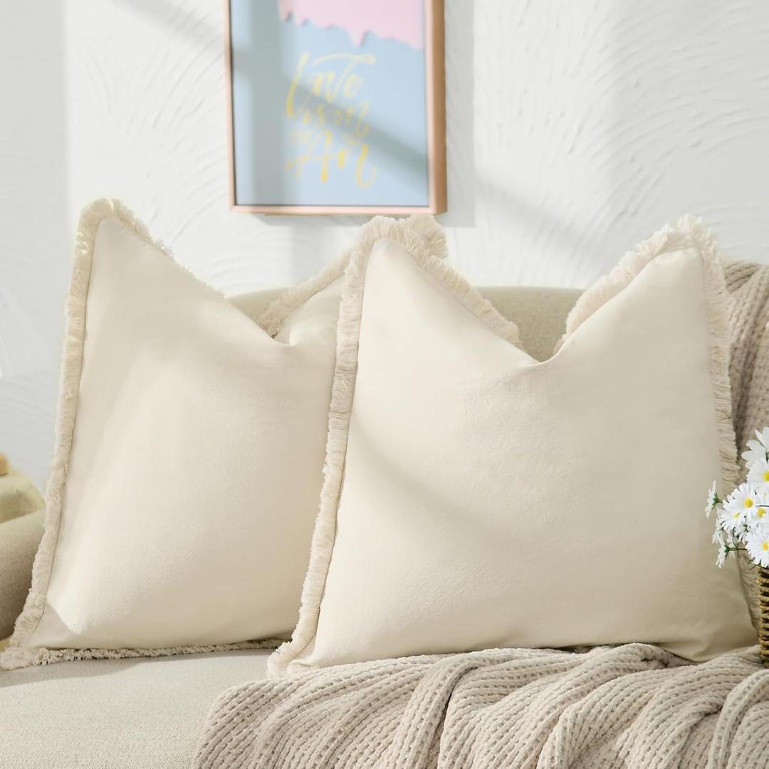 ZWJD Pillow Covers 18x18 Set of 2 Beige Throw Pillow Covers with Fringe Chic Cotton Decorative Pillows Square Cushion Covers for Sofa Couch Bed Living Room Farmhouse Boho Decor