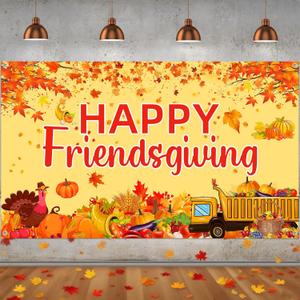 Oudain Large Thanksgiving Banner Decorations 73 x 43 Inch Happy Friendsgiving Backdrop Friendsgiving Party Decorations Pumpkin Maple Turkey Banner for Fall Thanksgiving Indoor Outdoor Photo Booth Prop