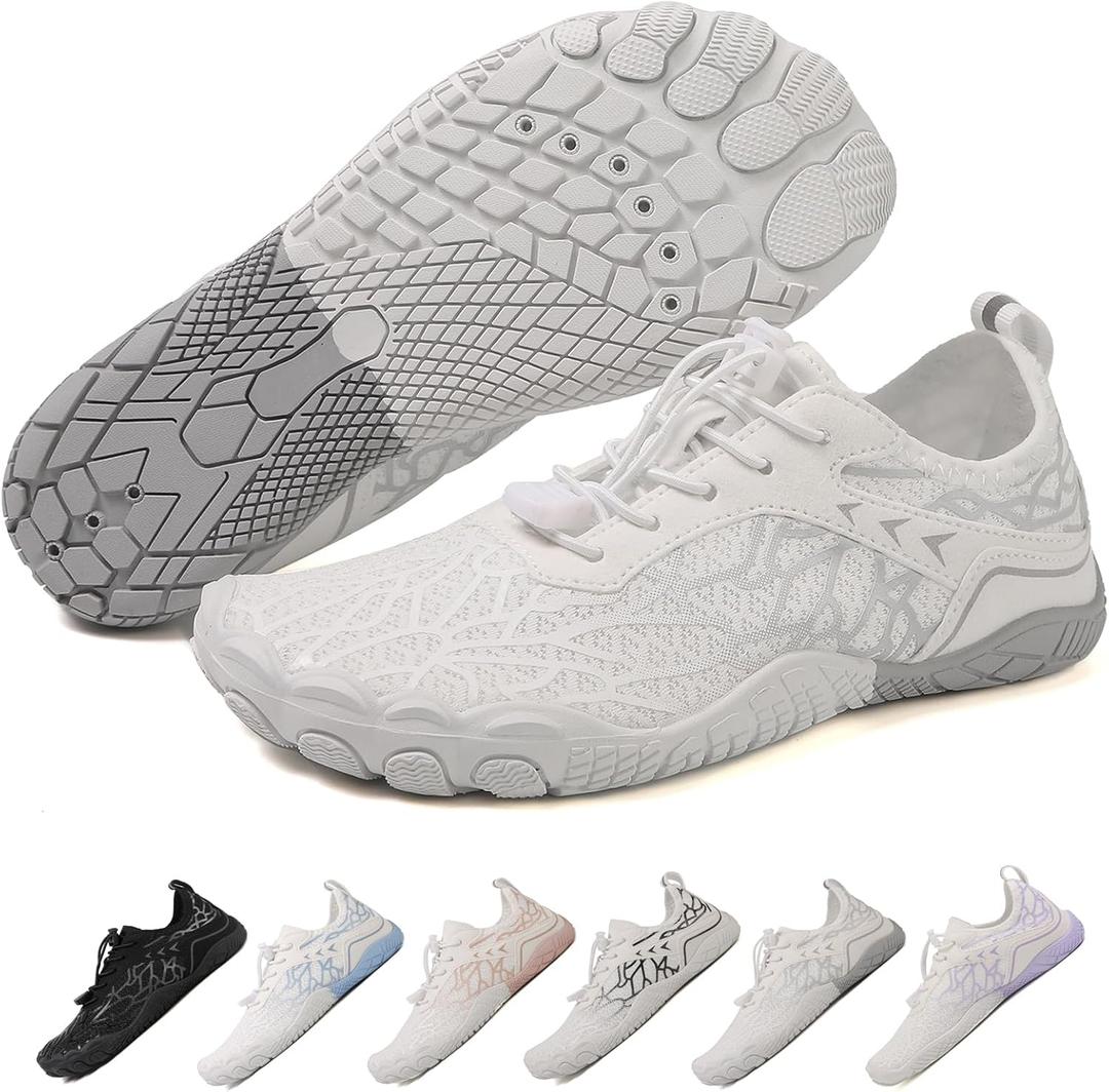 Hike Barefoot Shoes Womens Men,Unisex Barefoot Water Shoes Breathable, Anti-Slip Hiking Footwear for Athletic Wide Toe Shoe Footwear for Hiking, Walking, Running, Yoga, and Water Sports (White Grey) 38