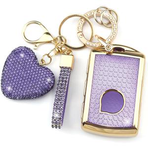Key Fob Cover with Diamond Keychain Compatible with Volvo Car Key Holder Compatible with XC90, XC60, XC40, S60, S90, V60, V90, Polestar 1, Polestar 2 Key Protector for Women, (Purple-Heart)