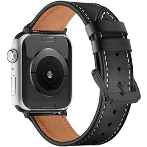 Genuine Leather Bands Compatible with Apple Watch Band Series 10 9 8 7 6 5 4 3 2 1 Ultra SE 49mm 46mm 45mm 41mm 44mm 40mm 42mm 38mm Women Men Top Calfskin for iWatch Wristband Replacement Strap (Black-Black Pin Buckle)