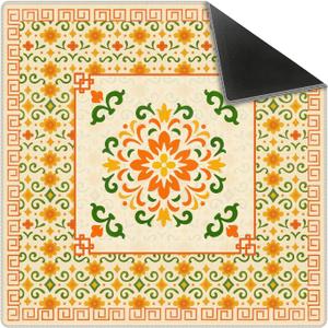 Orange Green Chinoiserie Floral Mahjong Mat 31.5 x 31.5 in, Abstract Art Chinese Non-Slip Noise Reduction Gaming Mat for Table American Mahjong Poker Board Games Card Games Dominoes, 31.5 x 31.5 x 0.12 inches