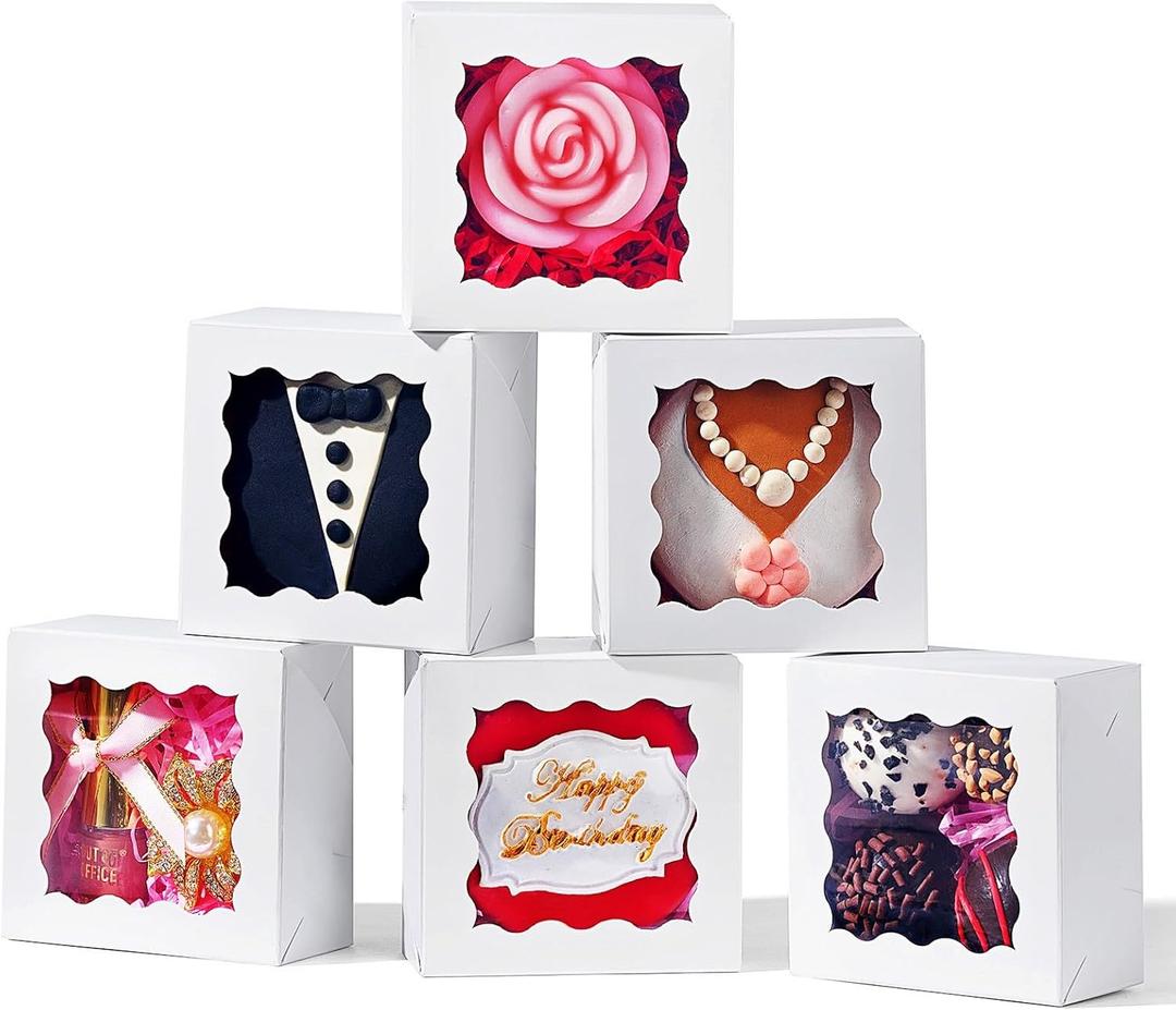 SLShePack 3x3x1.5Inches 50 Pcs Mini Bakery Boxes with Window for Homemade Soap,Cookies,Chocolate truffle,Chocolate Covered Strawberries (White)