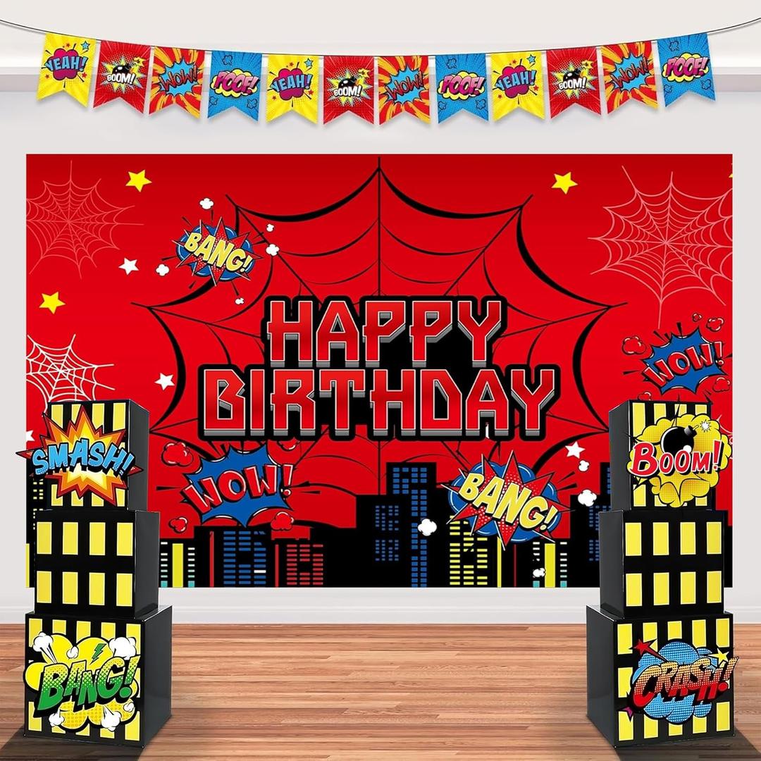 TELANA Superhero Birthday Party Decorations Set with Super Hero Backdrop Photography, Skyscraper City Boxes Spider Theme for Kids - Boys Girls Heroes Banner for Photoshoot Decor, Favor and Supplies