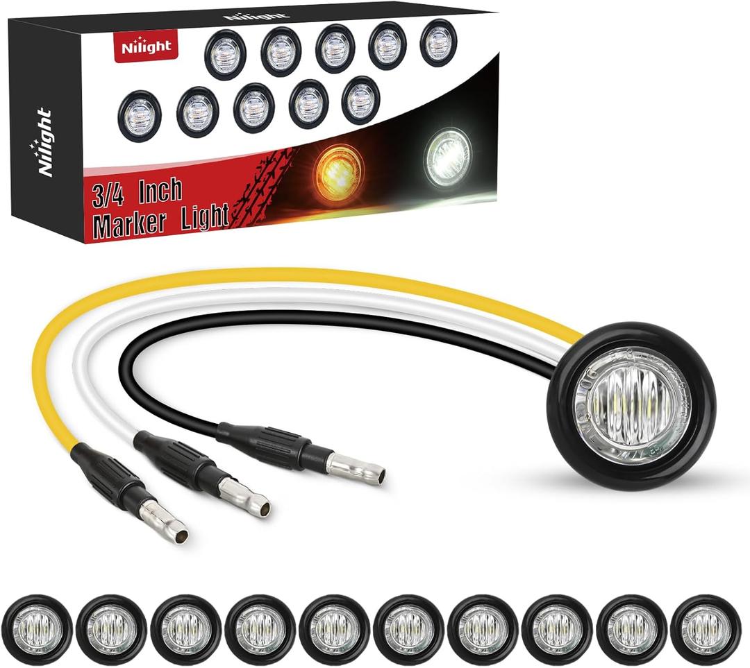 Nilight 3/4" Dual Color Marker Light 10PCS Amber to White Turn Signal Auxiliary Side Marker Clearance Indicator Bullet Lights 3 Plug IP68 Waterproof for Trailer Truck Pickup Camper RV ATV UTV Van Bus