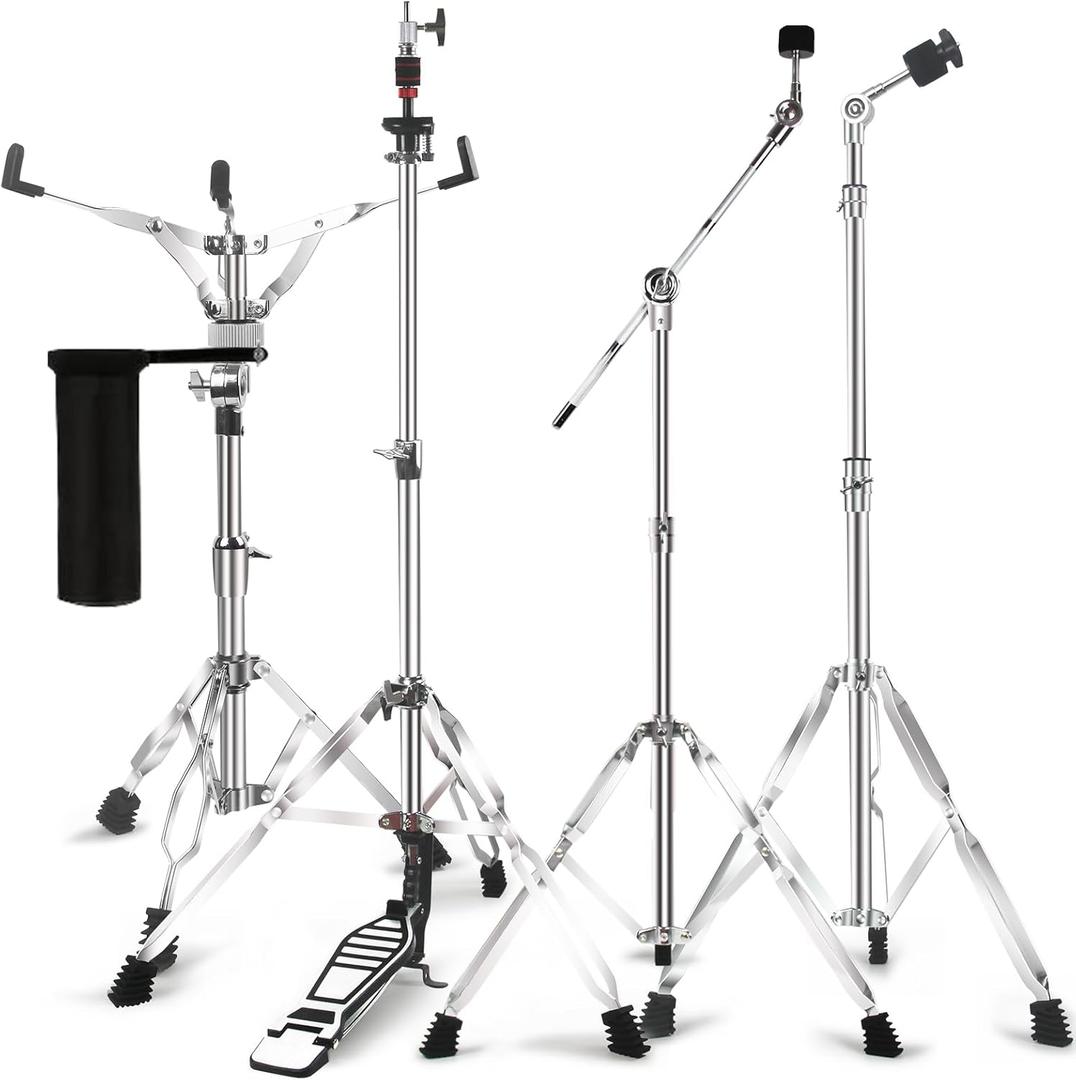 Straight Cymbal Stand + Boom Cymbal Stand + Hi Hat Stand + Snare Drum Stand + Drum Sticks Holder,Adjustable Drum Hardware Percussion Mount Holder Gear Set for Crash, Ride, Splash Cymbal (5 Pack Set)