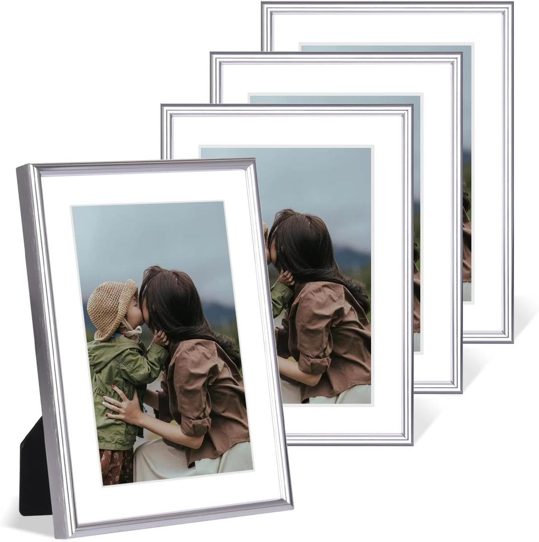 5x7 Picture Frame Set of 4, Matted Silver Simple Modern Brushed Thin Aluminum Metal Photo Frame Fits 3x5 and 4x6 with Mat or 5 x 7 without Mat . Vertical and Horizontal for Tabletop and Wall Mounting