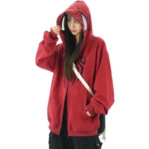 Y2K Hip Hop Spider Hoodie for Women Men Graphic Full Zip up Hoodies Oversized Kawaii Hoodies Spider Jacket (Large, Red)