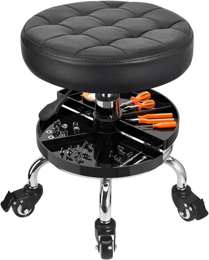 JOSTZHXIN Garage Mechanic Stool Chair Rolling Shop Chair, Height Adjustable Garage Shop Seat, Low Stools with Storage Tray, Rolling Stool for Salon SPA Tattoo (Style 1), 13 inches x 13.19 inches x 16.1 inches