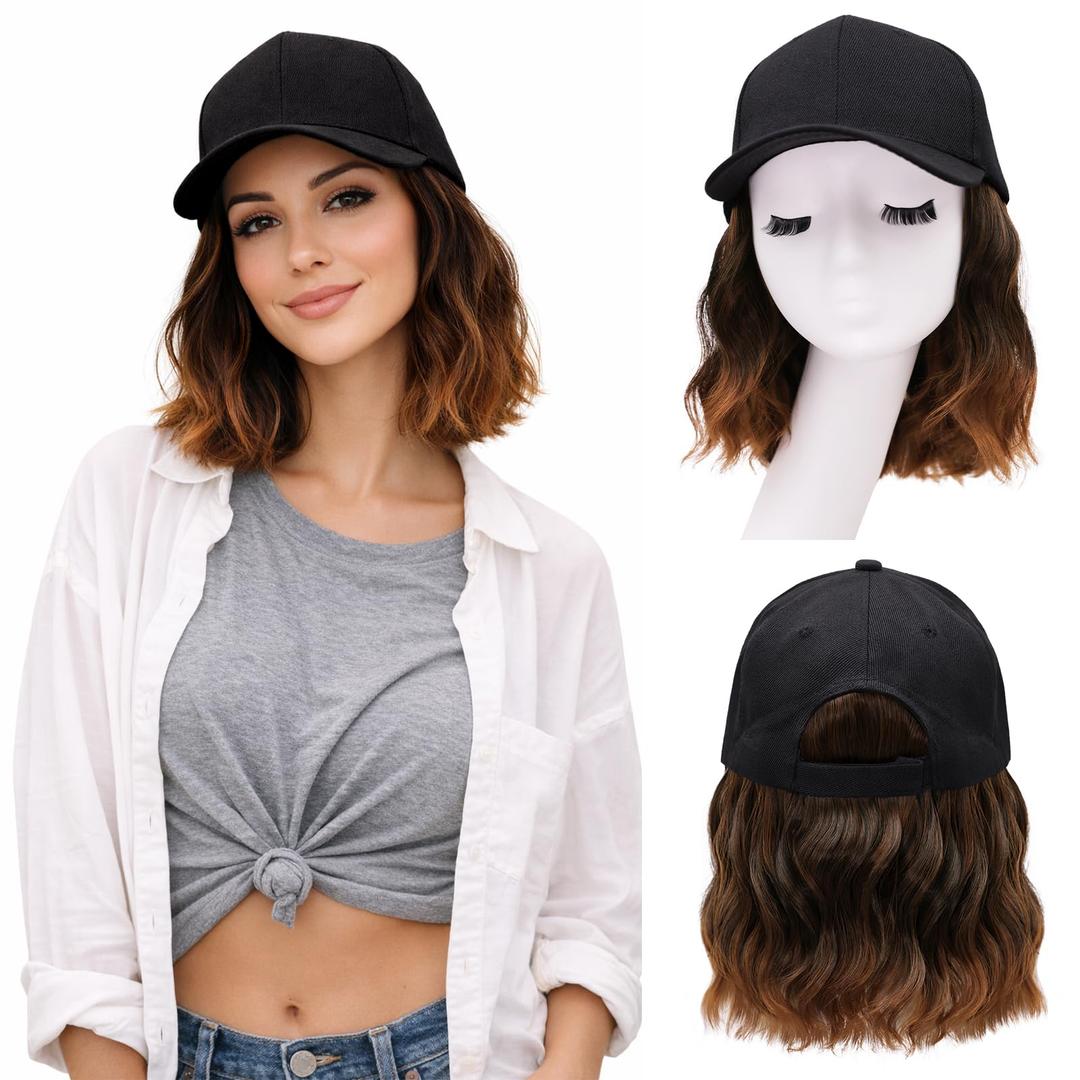 Hat Wigs for Women Baseball Cap with Hair Extensions Short Wave Synthetic baseball Cap Wig for Women Adjustable Hat with Hair Attached for Daily Use(14inch)