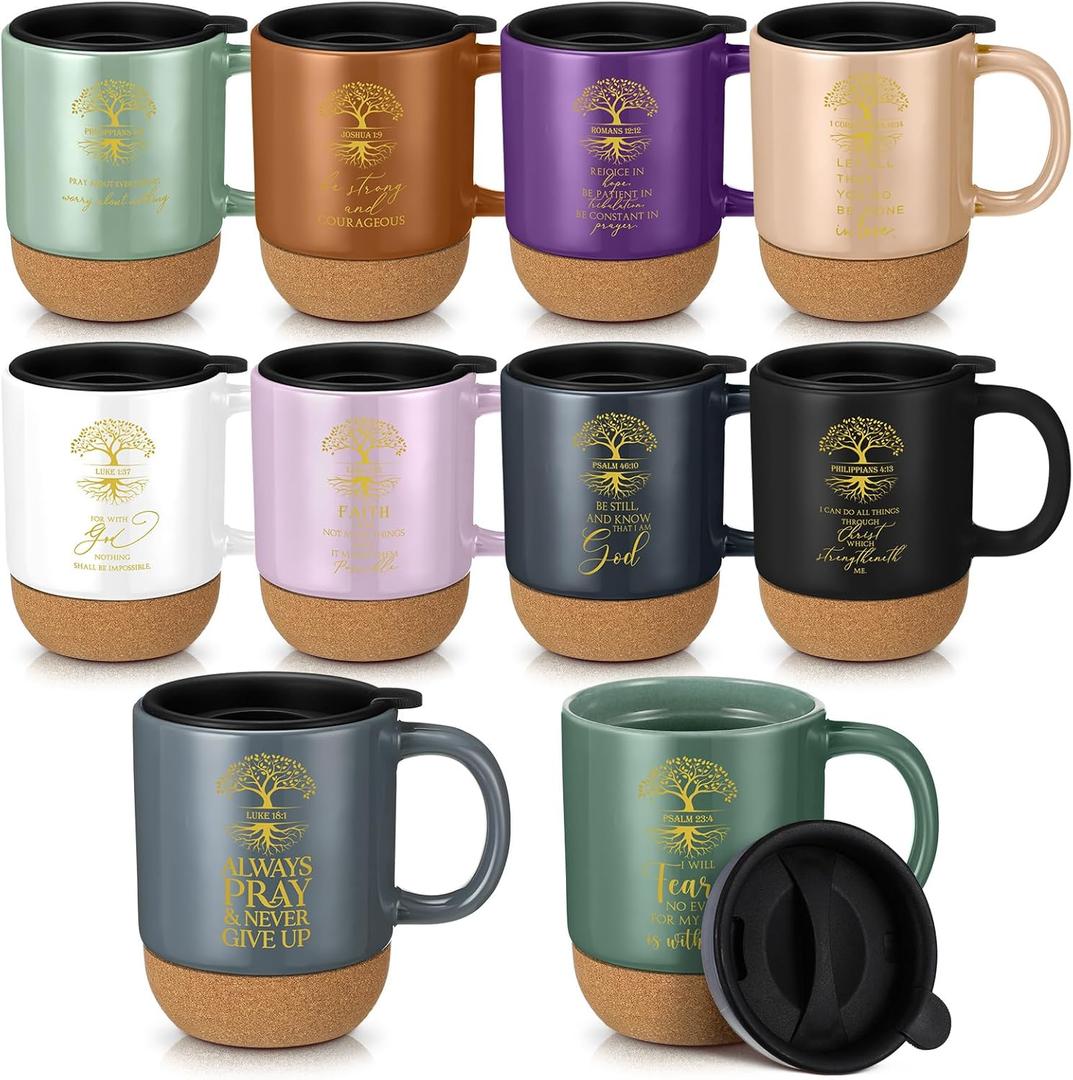 10 Pcs Easter Christian Mugs Bulk Religious Christian Gifts with Bible Verse Coffee Cup 15oz for Women Men Church Member Employee Mom Dad Clergy Pastor(English Tree of Life)