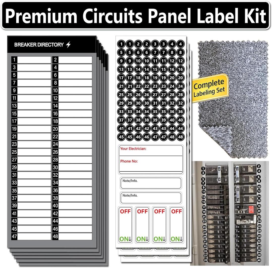 Electrical Panel Labels Kit  48 Circuit Breaker Stickers, Premium Waterproof Easy-Read Fuse Box Labels with Directory Sheet & Cleaning Cloth for Home Garage (48 Circuits *Black)