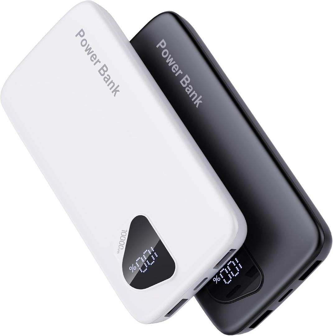 2026 2-Pack 10000mAh Portable Charger with Built in Cables, Travel Essential Battery Pack, 4 Outputs 2 Inputs Slim Power Bank with Cord Wires for iPhone 17/16/15/14, Samsung Galaxy S23/22, Pixel etc (Black&White)