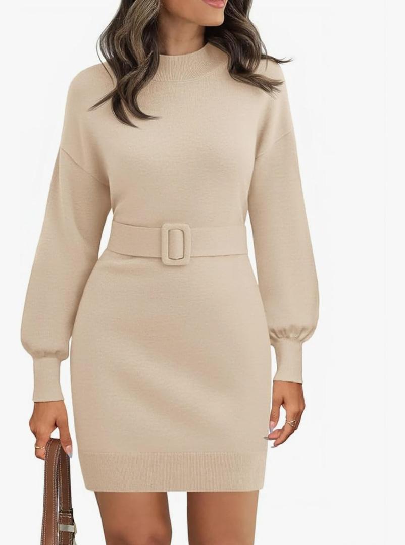 Saodimallsu Women's Long Sleeve Mini Sweater Dress Mock Neck Fall Dressy Casual Knit Bodycon Dresses with Belt (Khaki, Size Large)