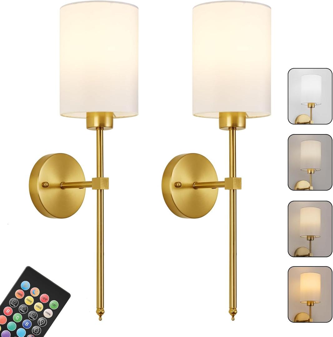 Battery Operated Wall Sconces Set of Two, Wireless Rechargeable Wall Light With Remote Control, Dimmable, Amber Light/Warm White/Natural White/Daylight/RGB, Timer,for Living Room, Bedroom, Entryway, Gold (20.6 Inch, Brass)