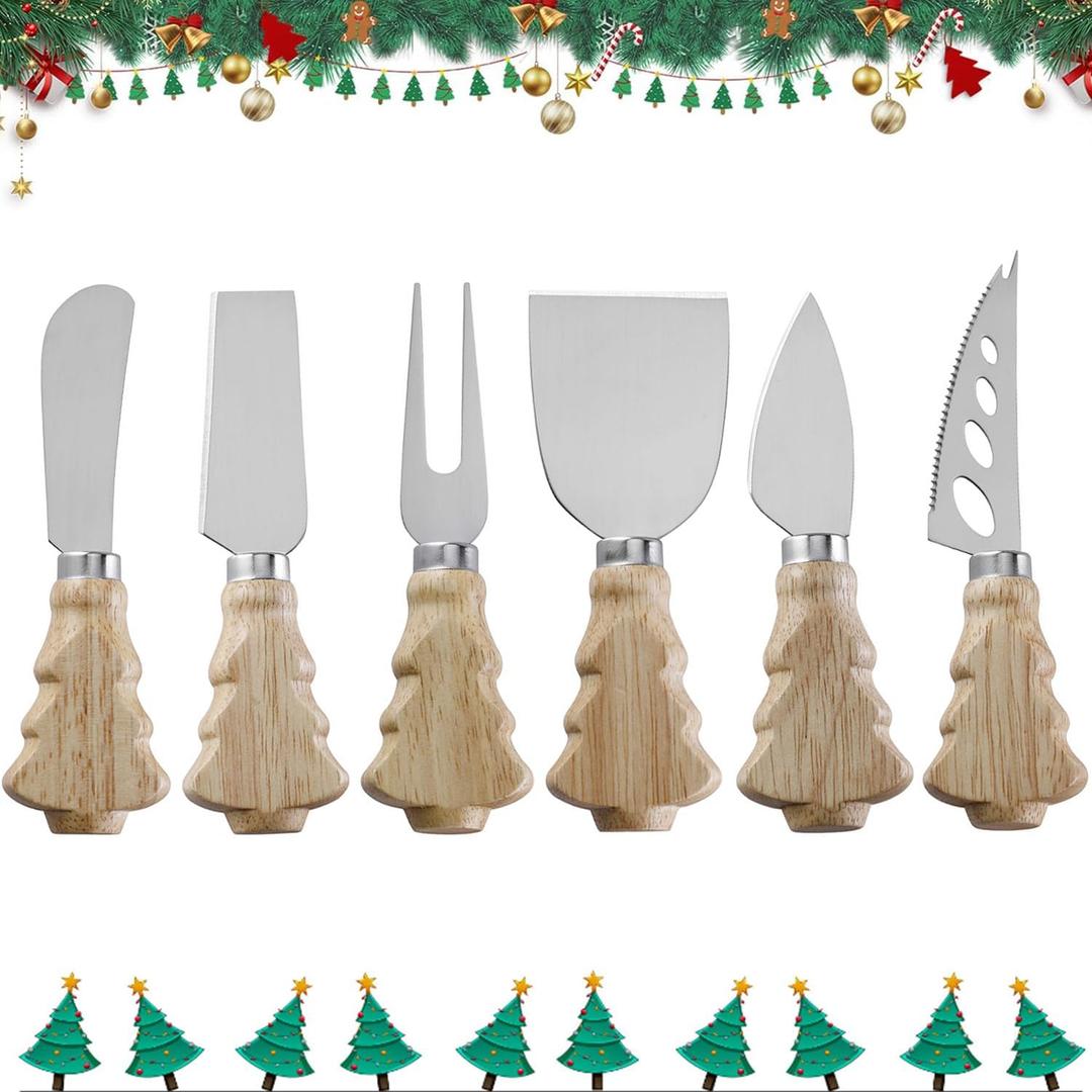 6 Pieces Wooden Cheese Knives Set,Christmas Tree Wood Handle Butter knives For Cheese Kit,Cheese Spreader Charcuterie Board Accessories