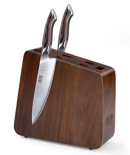 HOSHANHO Magnetic Knife Block 10 x 9 Inches, Double Sided Magnetic Knife Holder and Kitchen Knife Organizer Storage, 7 Slots Acacia Wood Universal Knife Block for Chefs