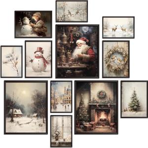 Skyists Vintage Christmas Wall Art Prints Christmas Wall Decor, Reindeer, Pine TreeSanta Claus, Snowman, Winter Scene Decorations for Living Room, Bedroom (Unframed), 8X10-5X7-4X6