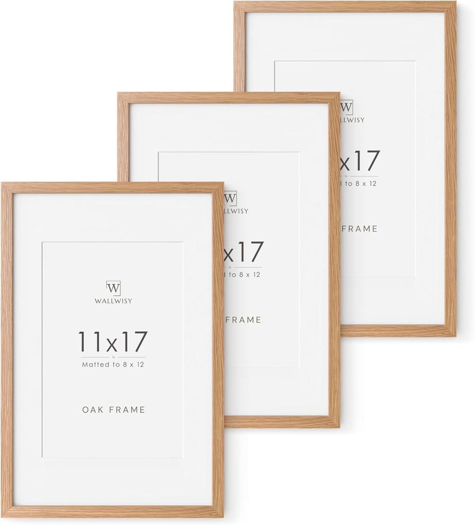 11x17 Oak Picture Frame, Solid Oak 11x17 Poster Frame with Mat to 8x12(Openning Size is 7.5x11.5), Natural Wood 17x11 Frames for Wall, Set of 3