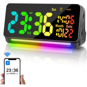 Samshow 120db Super Loud Alarm Clock Heavy Sleepers Adults, Loud Alarm Clock Bluetooth Sync Time,15 Wake Up Sounds, 7 Color Night Light, Dynamic RGB Color, 0-100% Dimmer, Snooze,DST, LED Dispay