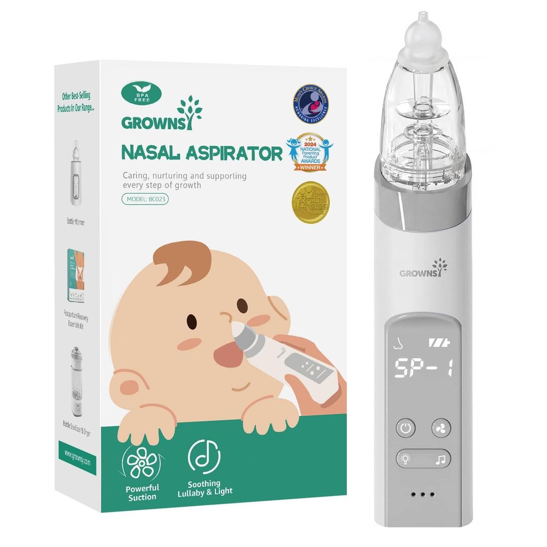 GROWNSY Nasal Aspirator for Baby, Electric Baby Nose Sucker with Larger Suction Chamber and More Powerful Suction, Automatic Nose Cleaner with Music and Light Soothing Function (Grey)