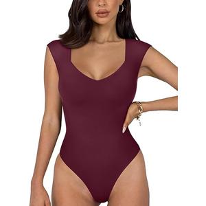 REORIA Women's Summer Sexy Casual V Neck Double Lined Seamless Sleeveless Slimming One Piece Leotards Going Out Trendy Tank Top Tees Thong Bodysuits Rusty Red Large