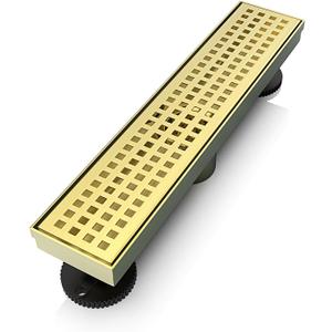 WEBANG 12 Inch Linear Shower Drain Rectangular Floor Drain with Accessories Square Hole Pattern Cover Grate Removable SUS304 Stainless Steel CUPC Certified Brushed Gold