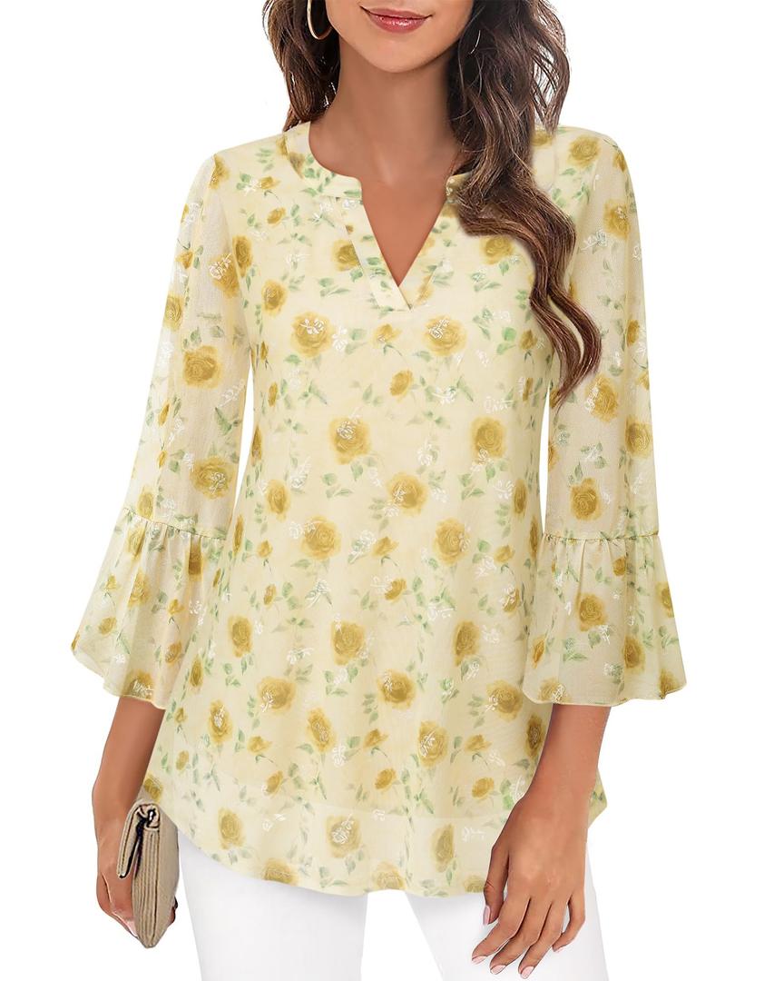 Timeson Womens 3/4 Sleeve Tops: Business Casual - Dressy Blouses for Women - Polyester Shirts for Women Cute Floral Ladies Top Loose Fitted Spring Tunics for Leggings Flowy Office Work Rose Yellow XL