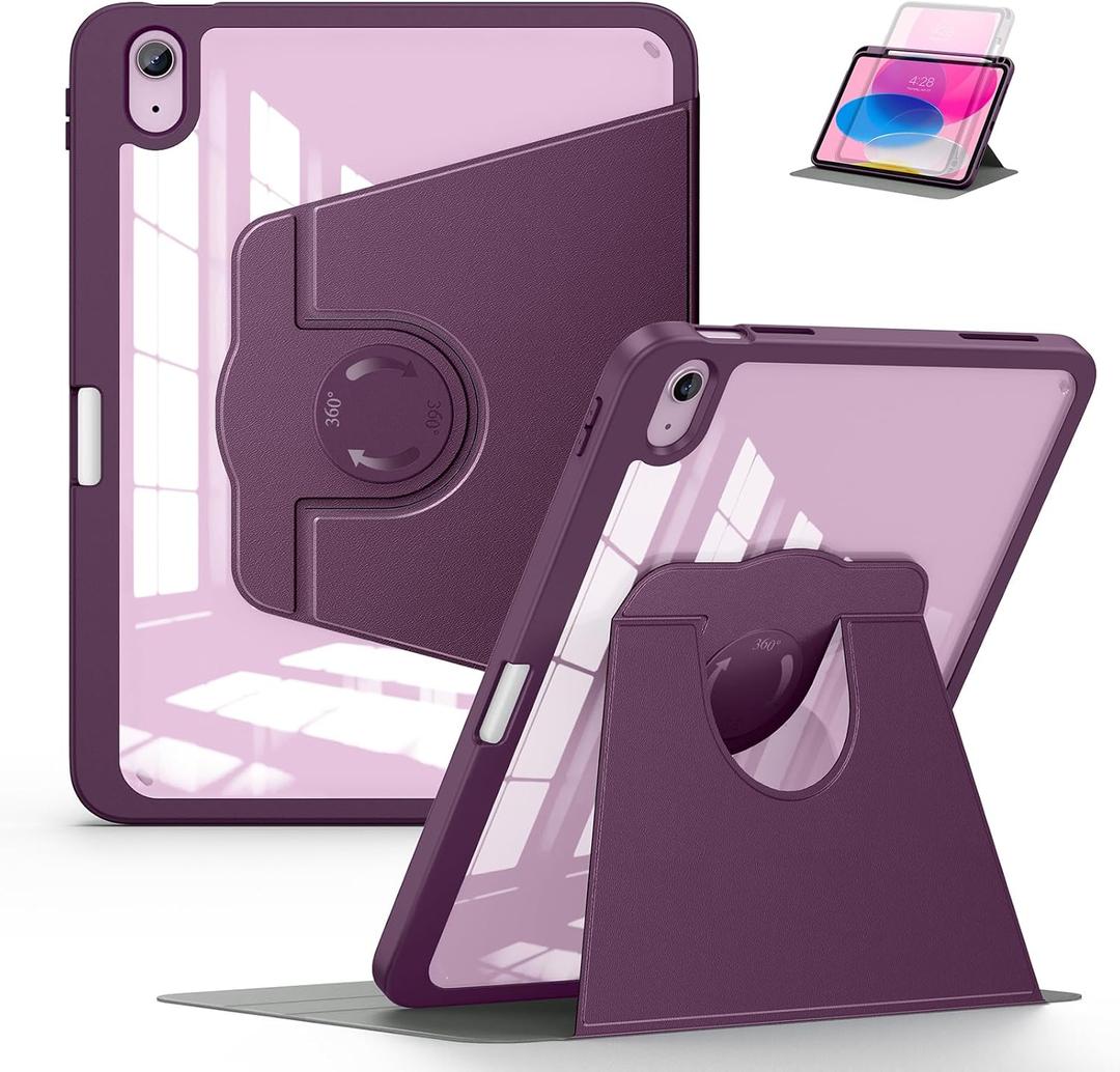 Soke Rotating Case for iPad (A16) 11th Generation 2025, iPad 10th Gen 2022 with Pencil Holder, [Shockproof + Auto Sleep/Wake] 360 Degree Rotation Clear Back for iPad 11"/10.9" - Purple
