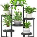 iDavosic.ly 6 Tier Folding Plant Stand Indoor Outdoor with Plastic Tray, Tiered Corner Flower Holder Shelf, Metal Orchid Display Rack for Patio Porch Living Room Garden Balcony, Modern Black