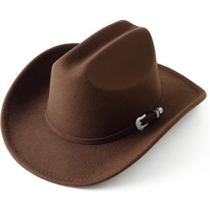Jastore Kids Western Cowboy Hat for Girl Boy Wide Brim Beach Cowgirl Hat with Belt Buckle Cattleman Cowboys Hats (5-10 Years, Coffee)