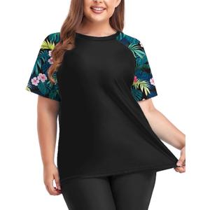 Inno Women's Plus Size Rash Guard Swim Shirt Short Sleeves UPF 50+ Swimwear Workout Tops 0X-6X (2X, Black Pink)