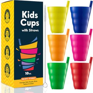 JoyServe Kids Cups - (Set of 6) - 10oz Toddler Cups with Straws for Kids - Stackable BPA-Free Plastic Sip-A-Cup Drink Tumblers for Water, Juice, Milk - Dishwasher Safe, Everyday Use, Neon Colors