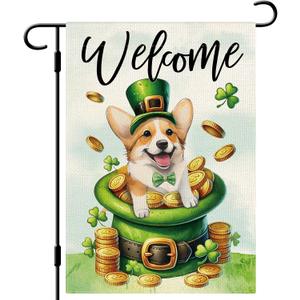 DLZDN Welcome St Patricks Day Dog Garden Flag Shamrocks Corgi Flag 1218 Inch Double Side Vertical Burlap Farmhouse Yard Sign Holiday Outdoor Decoration
