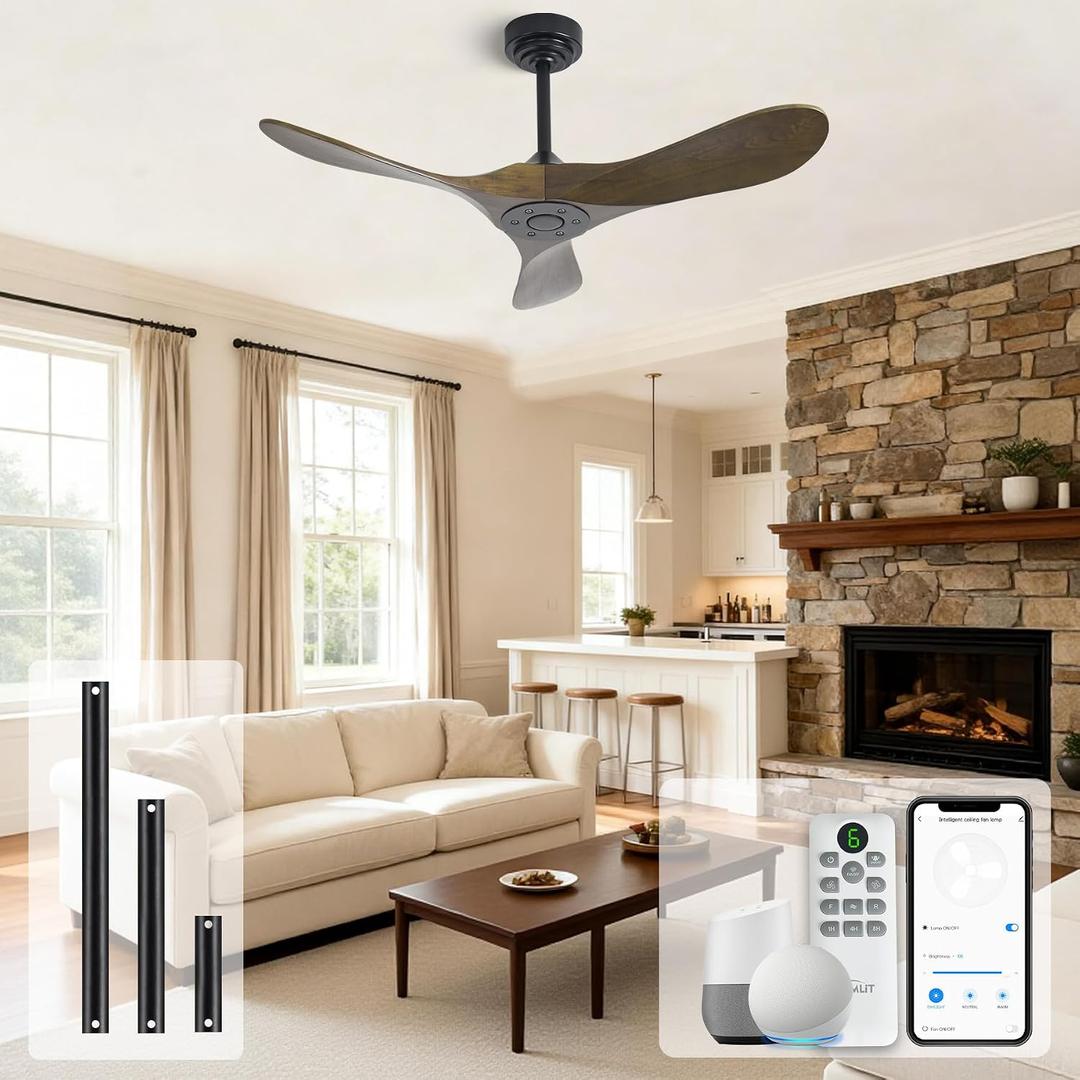 Outdoor Ceiling Fan Without Light, 42Inch Smart Ceiling Fan with Remote & Voice Control for Alexa/Google, 3-Blade Wood Fan, Quiet DC Motor, 6 Speeds for Patio, Porch, Farmhouse, Bronze