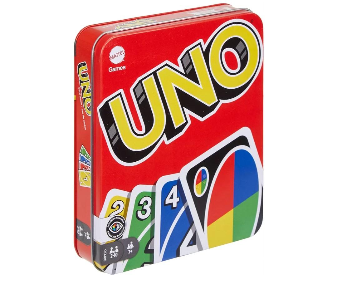 Mattel Games UNO Card Game in Travel & Storage Tin for Kid, Adult & Family Nights & Parties, Color Blind Accessible & Customizable Deck